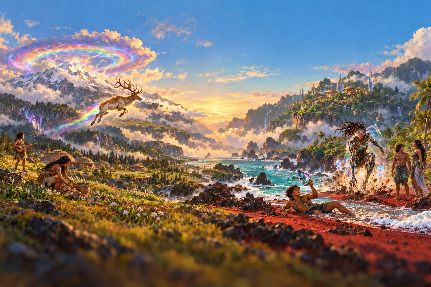 Zuben Chronicles — a leaping elk trailing a rainbow above a mountain valley, with villagers on one shore and a crystalline figure rising from a red-sand beach on the other
